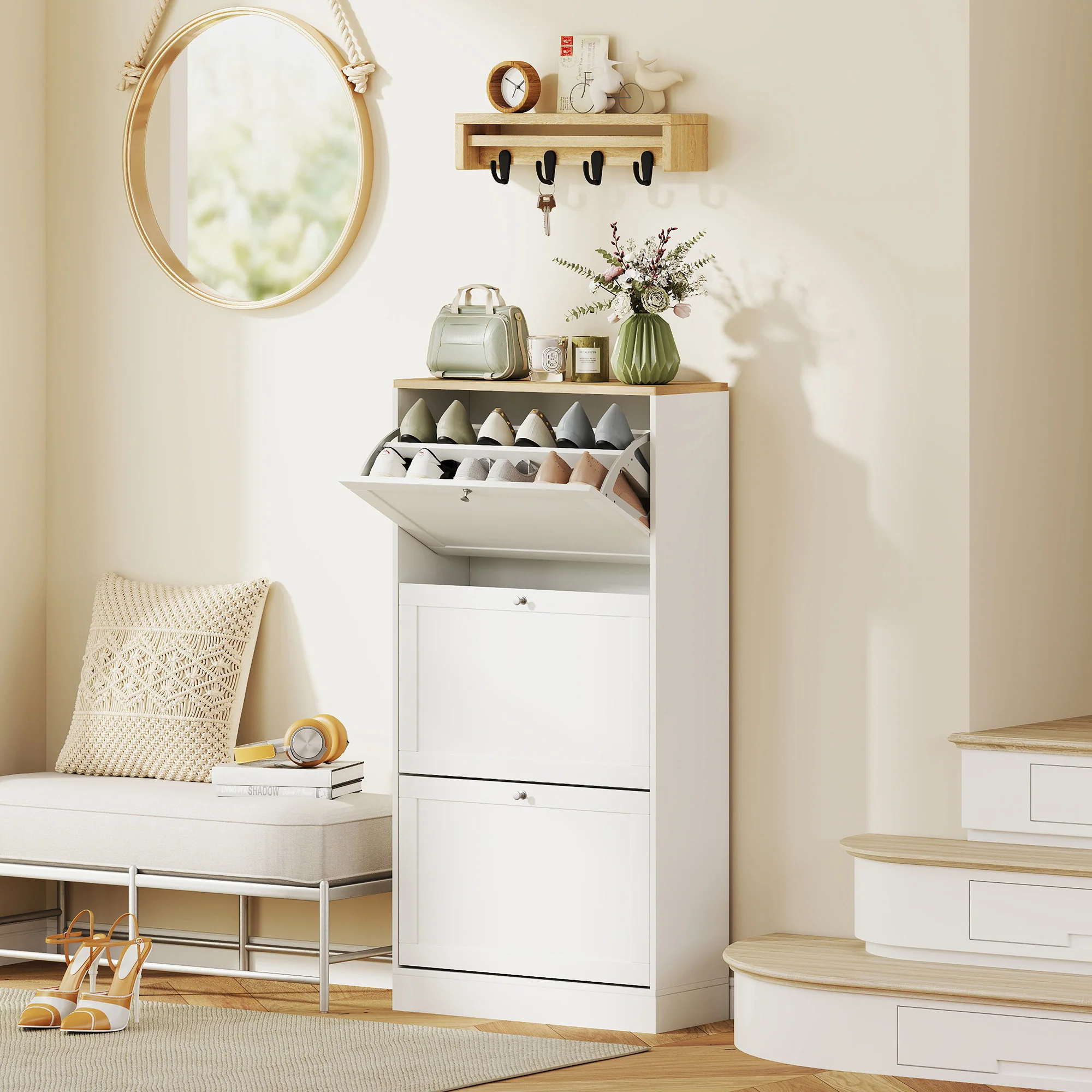 Modern Shoe Storage Cabinet with 3 Flip Drawers and Adjustable Shelves for 12-18 Pairs of Shoes, White - Image 2