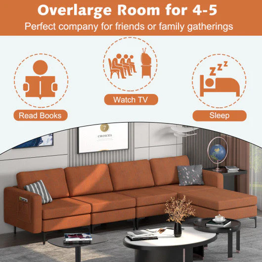 Modular L-Shaped Sectional Sofa With Reversible Ottoman and 2 USB Ports-Orange - Image 3