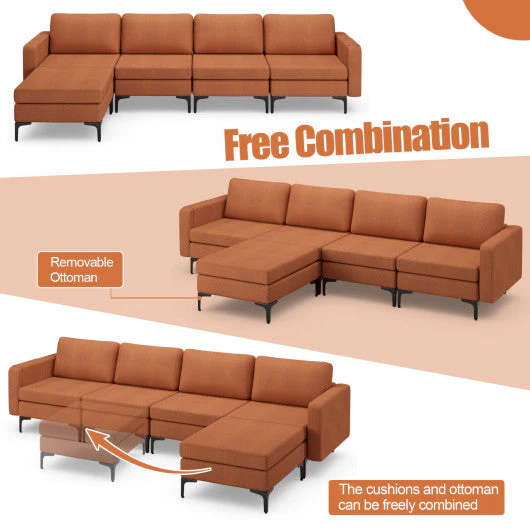 Modular L-Shaped Sectional Sofa With Reversible Ottoman and 2 USB Ports-Orange - Image 5