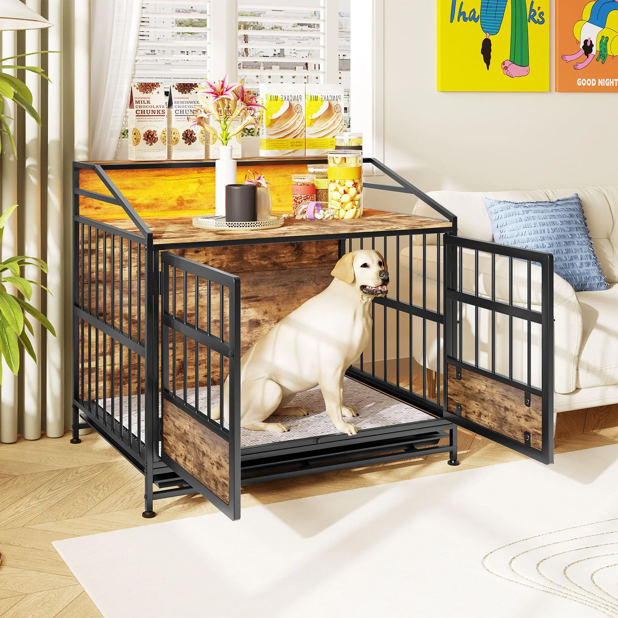 Multi Function Dog Crates With Storage, Double Doors, Indoor Dog Crate - Black Brown - Image 4