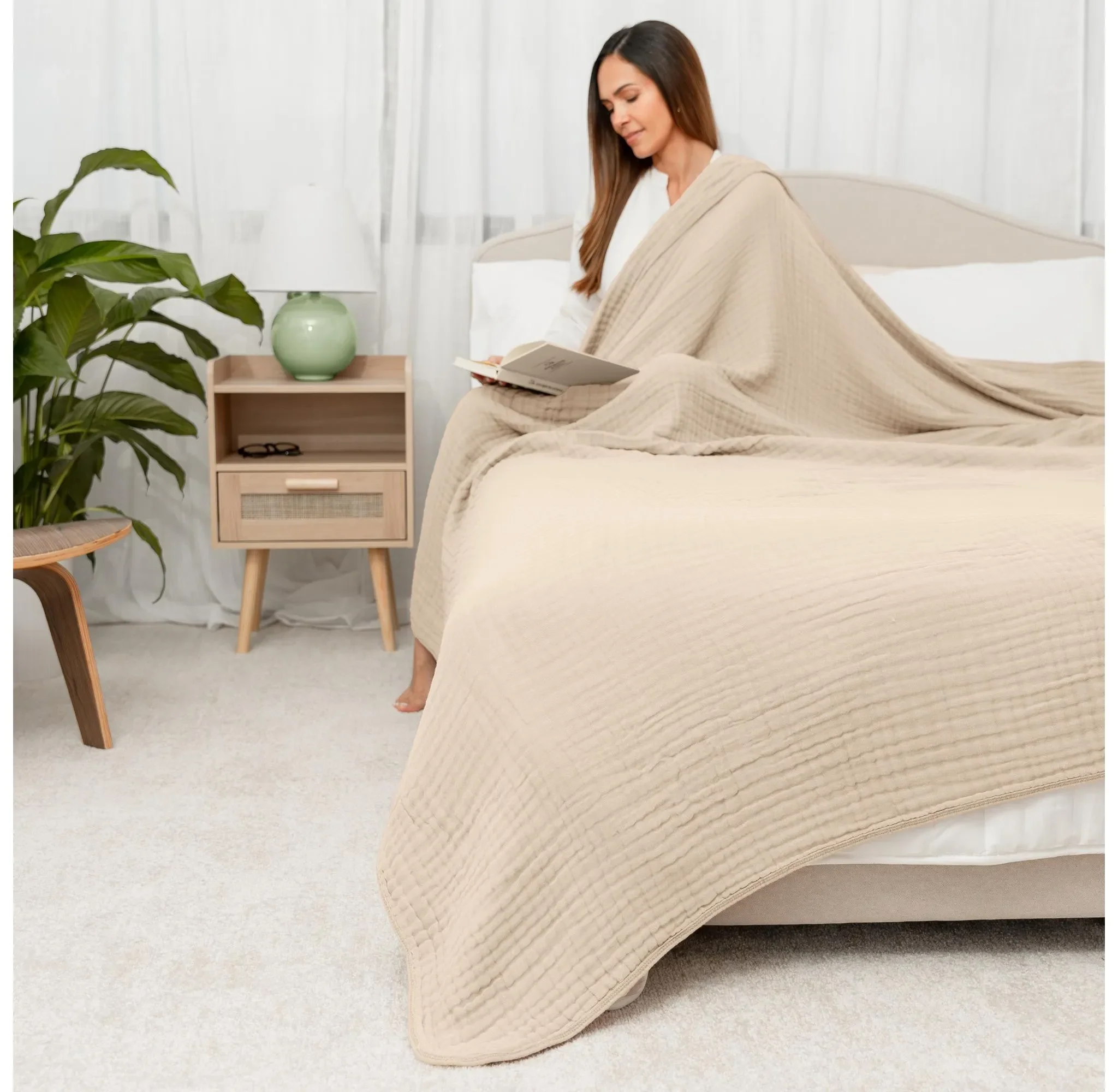 Muslin Blanket for Adults, Extra Large Queen 90" x 90" - Sand - Image 2