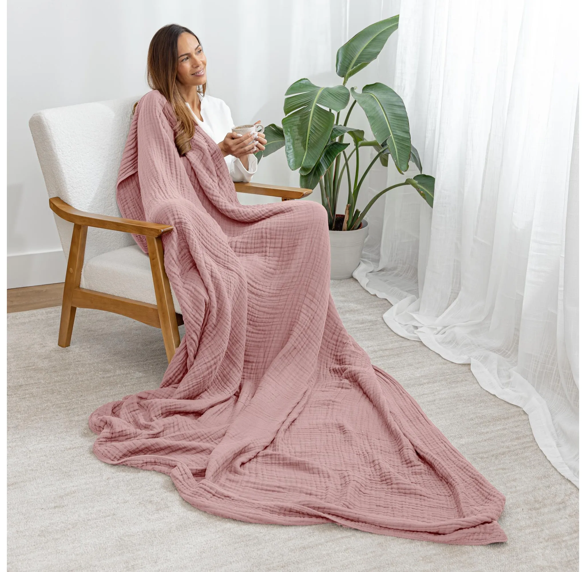 Muslin Cotton Blanket for Adults - Throw 50" x 60" - Mauve - Image 3