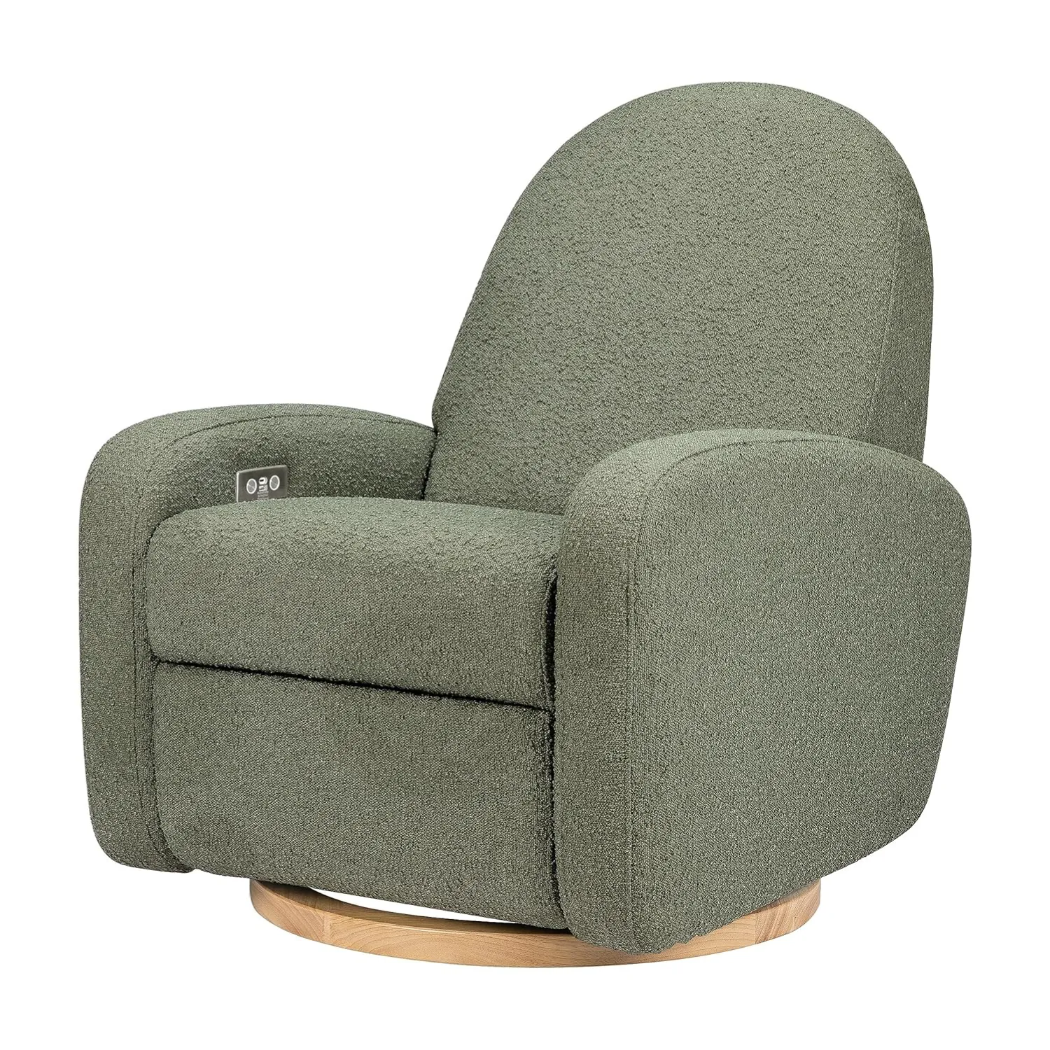 Nami Electronic Recliner and Swivel Glider Recliner with USB port - Olive Boucle with Light Wood Base