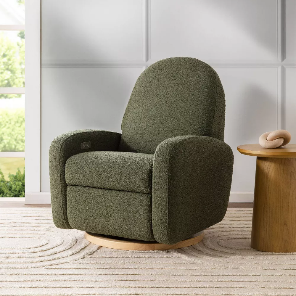 Nami Glider Recliner w/ Electronic Control and USB - Olive Boucle w/Light Wood Base - Image 4