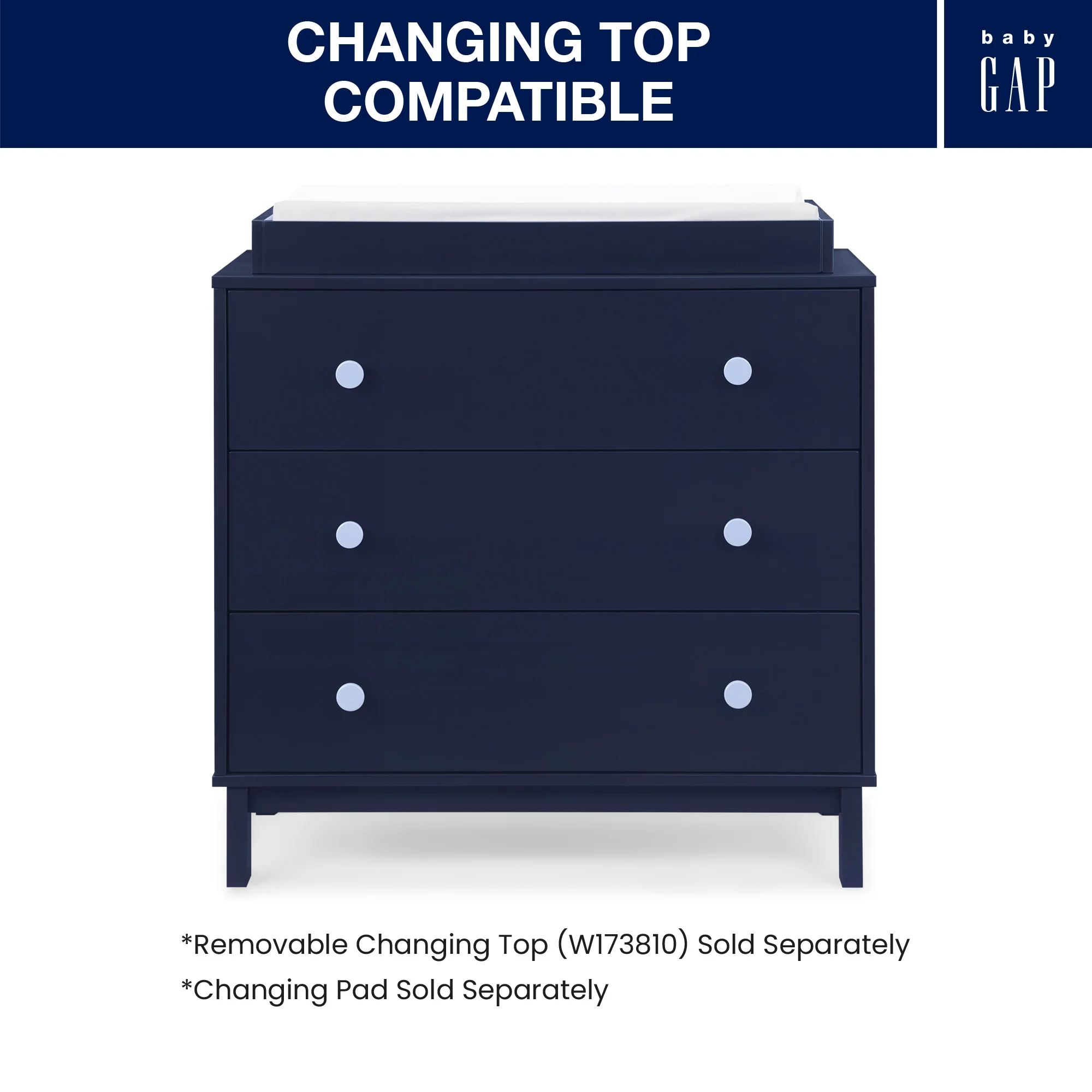 BabyGap Legacy 3 Drawer Dresser With Interlocking Drawers - Navy with Light Blue - Image 3