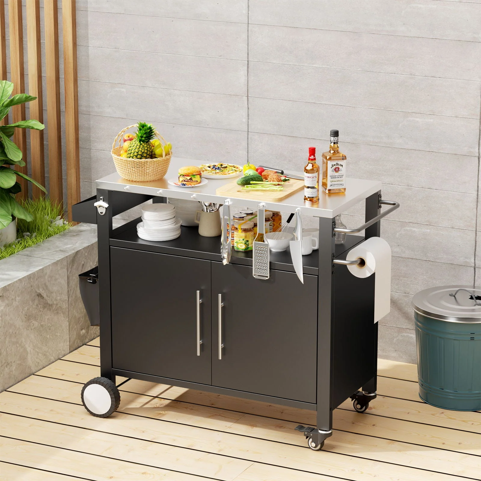 Outdoor Grill Cart With Storage, Rolling Bar Cart With Hooks and Spice Rack Stainless Steel - Image 3