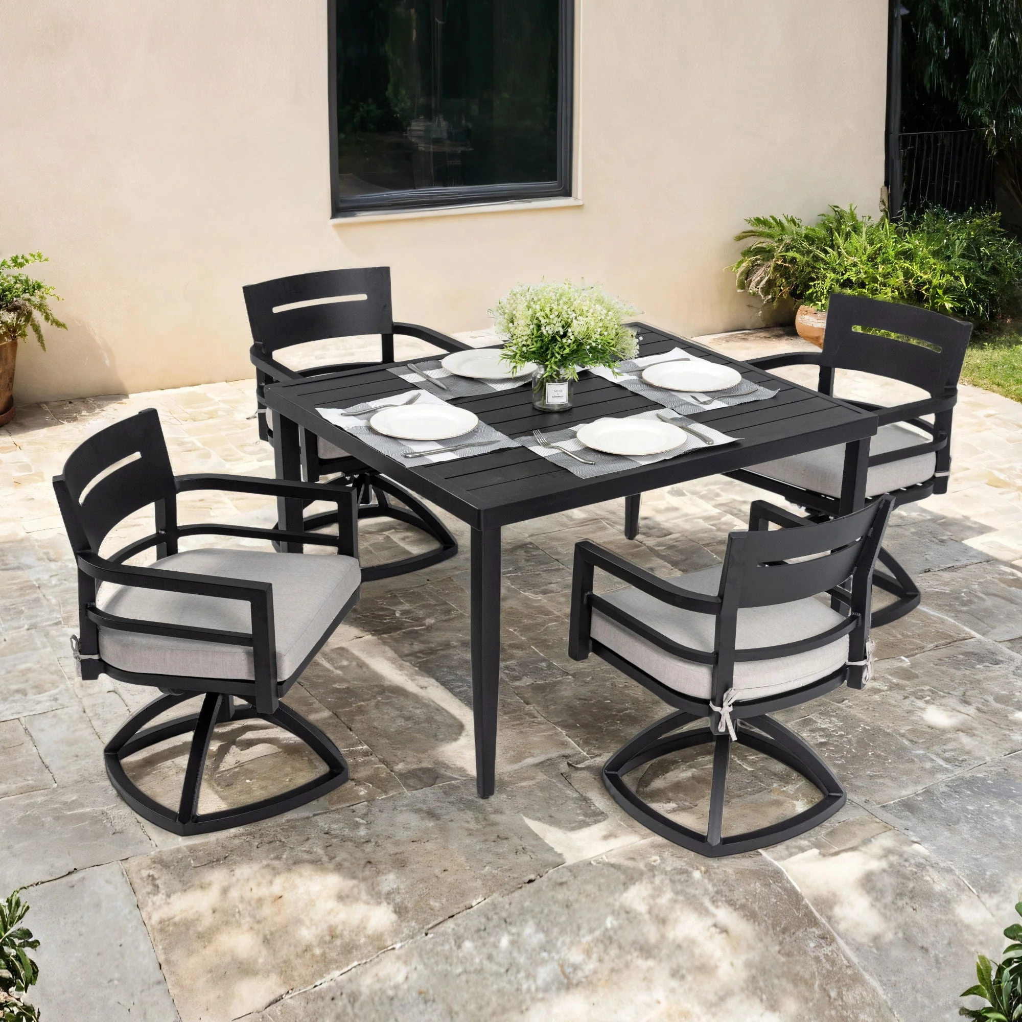 Outdoor Modern Dining Set, Chairs Sunbrella Cushioned and Dining Table With Umbrella Hole - Image 7