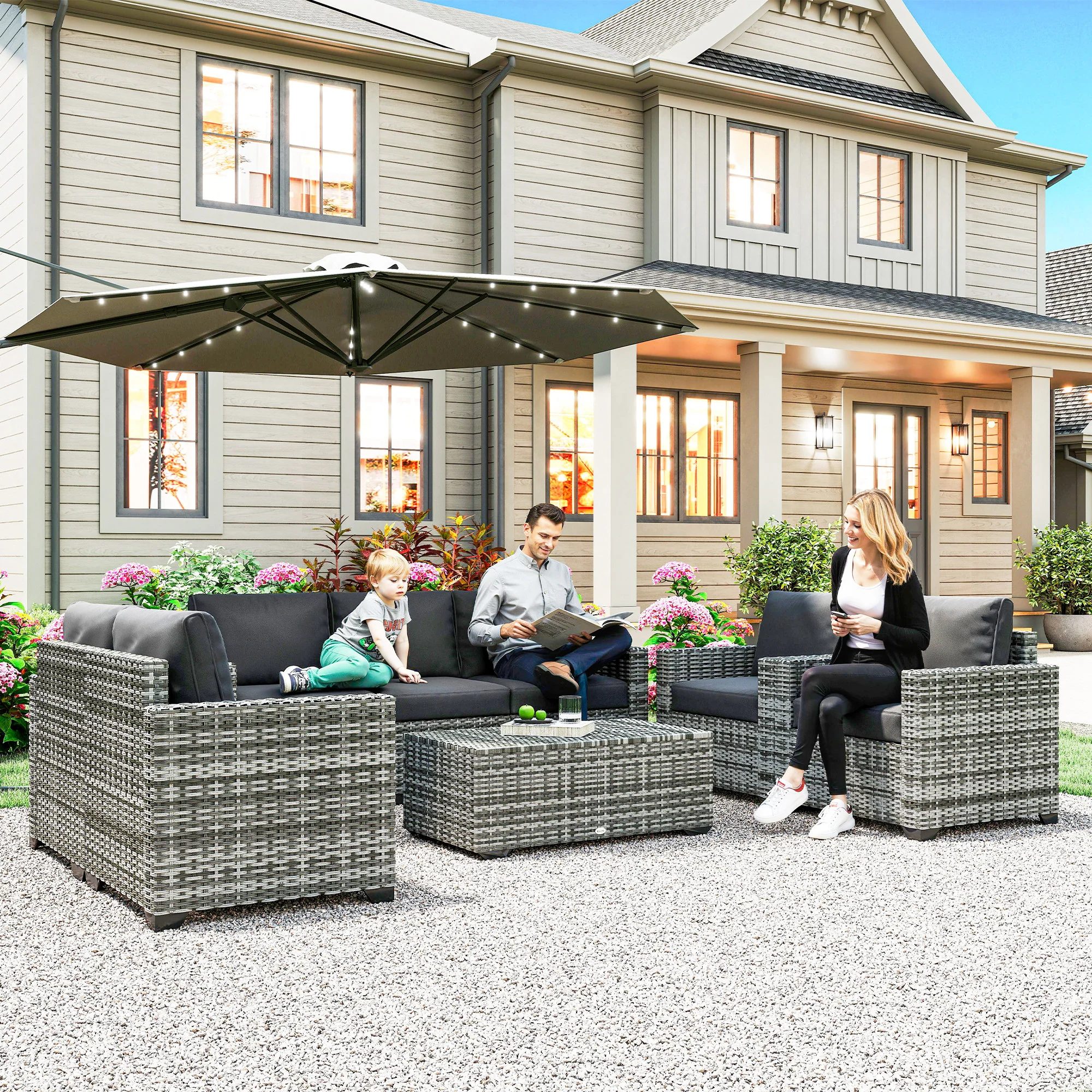 Patio Furniture Set, Cushions, Sofa, Loveseat, Storage Table, Gray - Image 2