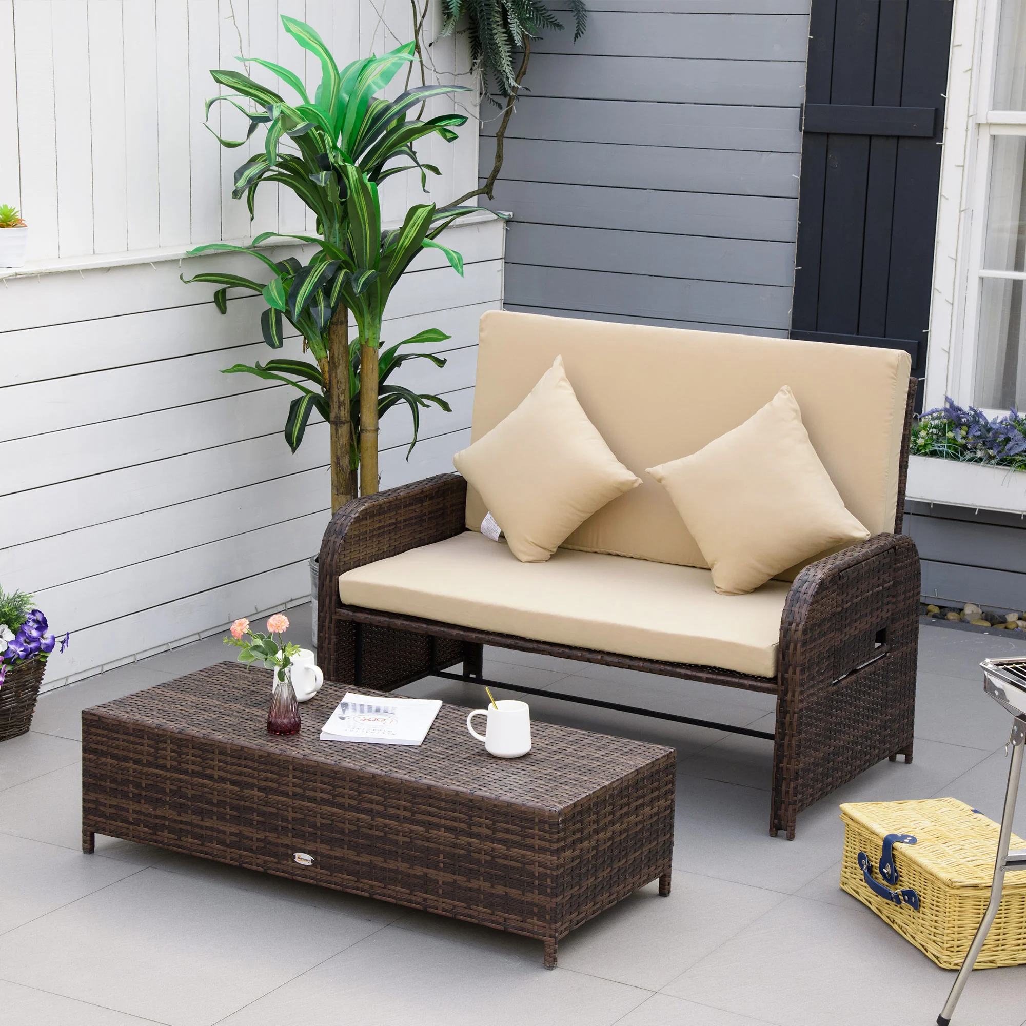 Patio Rattan Daybed with Cushions, Wicker Outdoor Bed Lounger w/ Loveseat, Storage Ottoman, Coffee & Side Tables, for Poolside, Porch, Backyard, Beige - Image 2