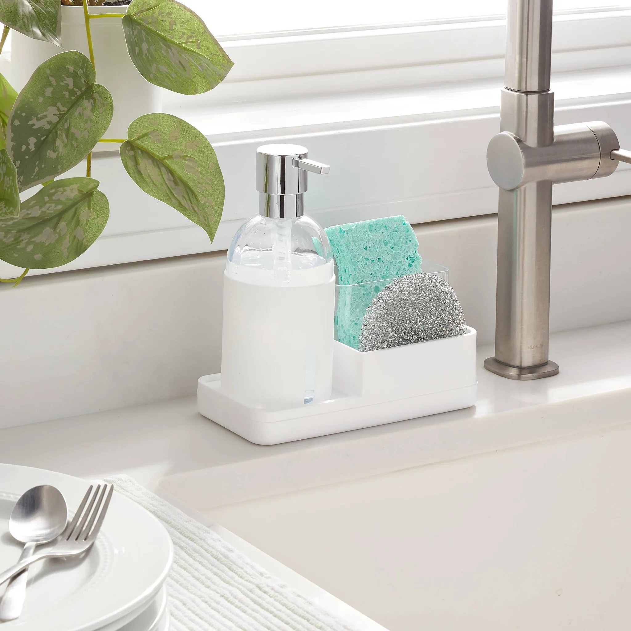 Plastic Soap Pump with Silicone Holder with Caddy & Tray White - Image 2