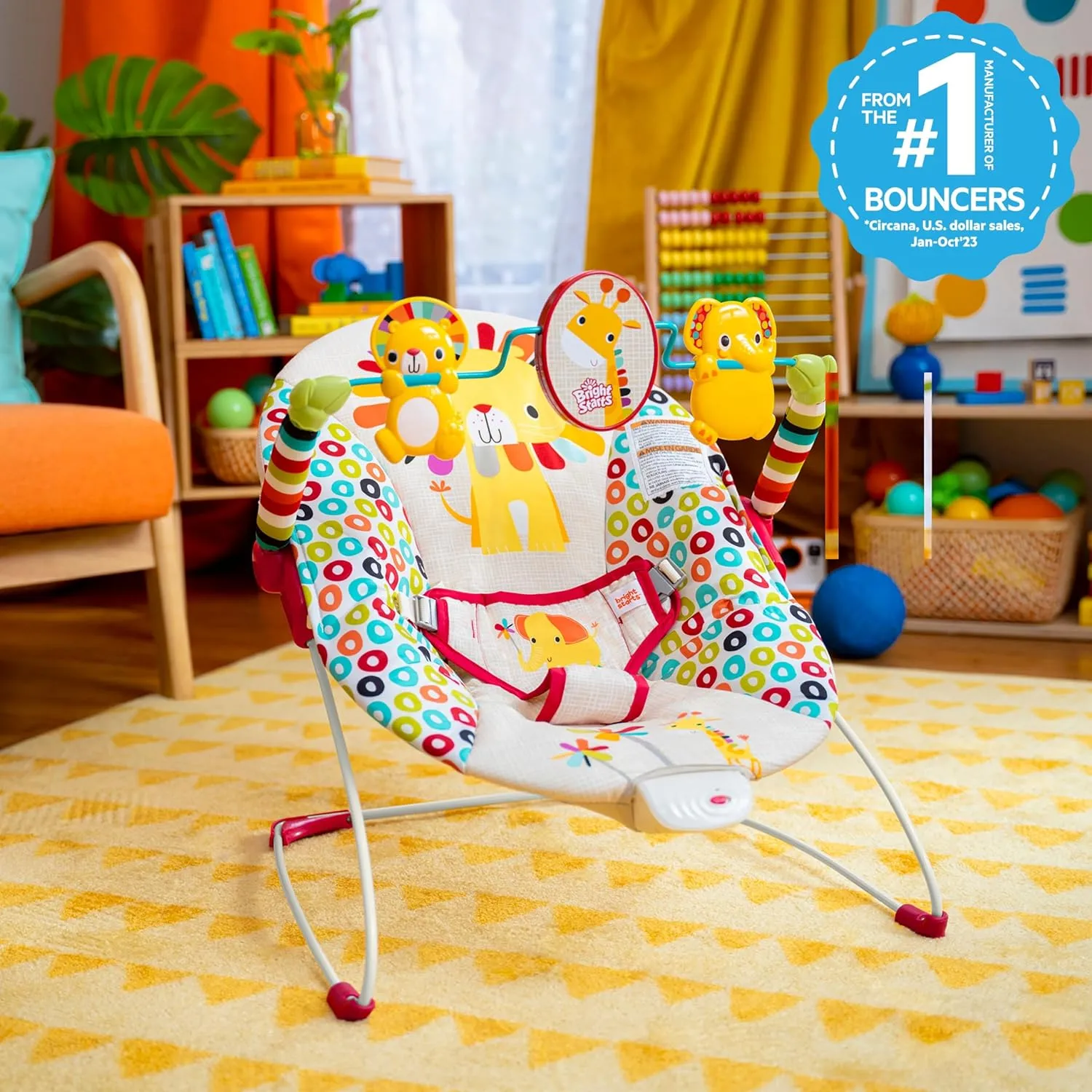 Portable Baby Bouncer w/ Toy Bar - Playful Pinwheels - Image 11