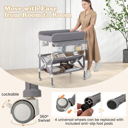 Portable Baby Changing Table With Wheels and Large Storage Rack-Gray - Image 11
