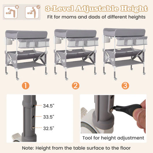 Portable Baby Changing Table With Wheels and Large Storage Rack-Gray - Image 12