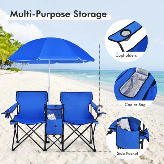 Portable Folding Picnic Double Chair With Umbrella-Blue - Image 7