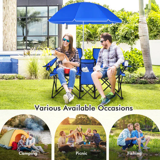 Portable Folding Picnic Double Chair With Umbrella-Blue - Image 8