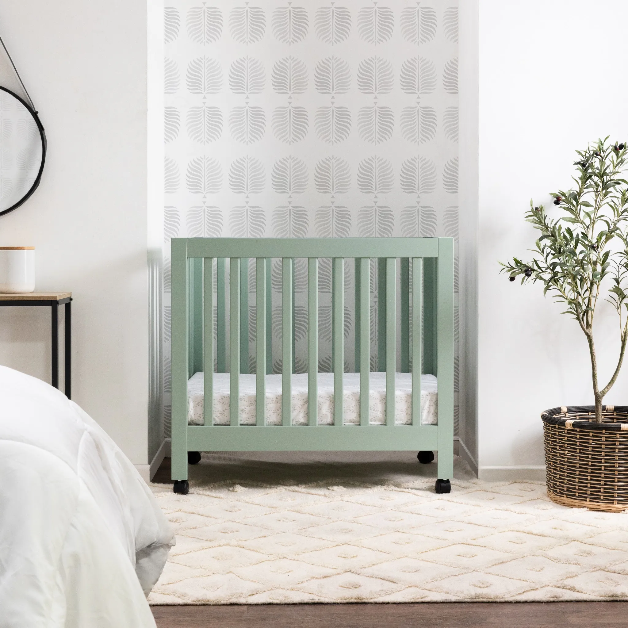 Origami Mini Portable Folding Crib with Wheels - Light Sage - Image 2