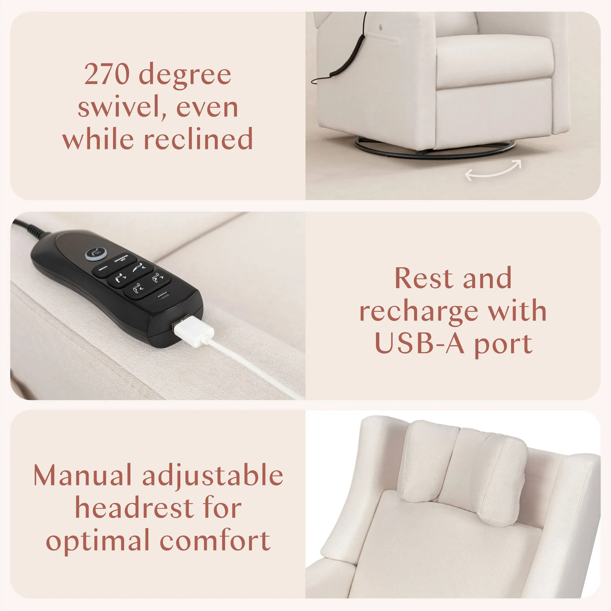 Kiwi Deluxe Power Recliner and Swivel Glider with Heat and Massage - Performance Cream Eco-Weave - Image 4