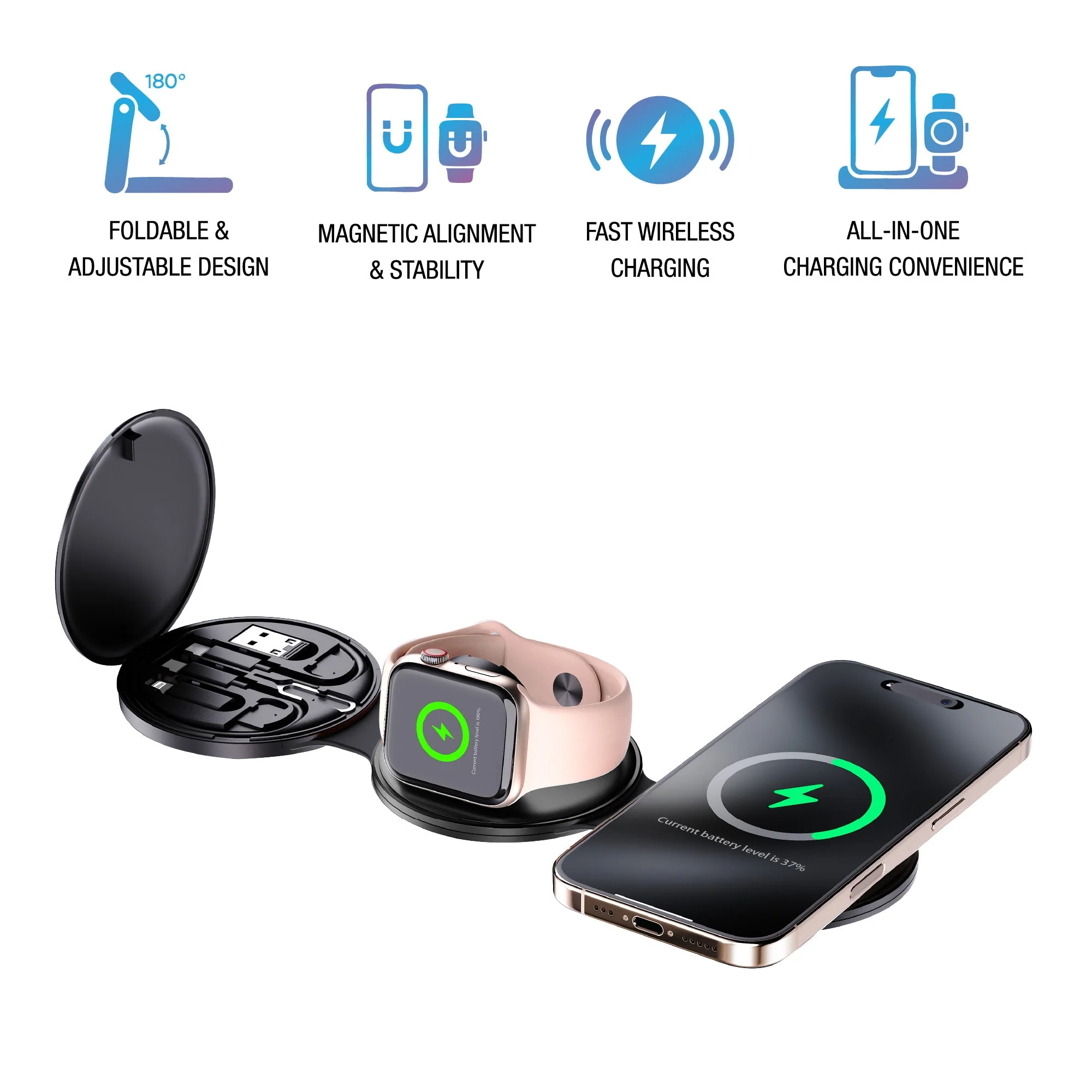 Power & Sound Essentials Bundle – 5-in-1 Folding Wireless Charging Station + True Wireless Earbuds - Image 3
