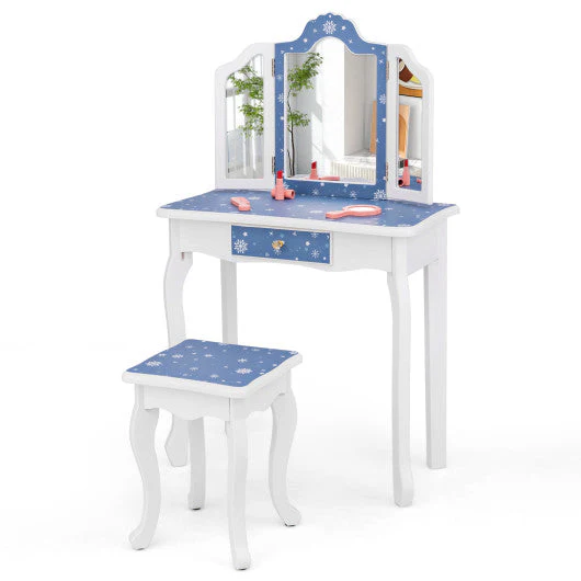 Princess Pretend Play Makeup Table and Stool Set With Tri-Folding Mirror-Blue - Image 9