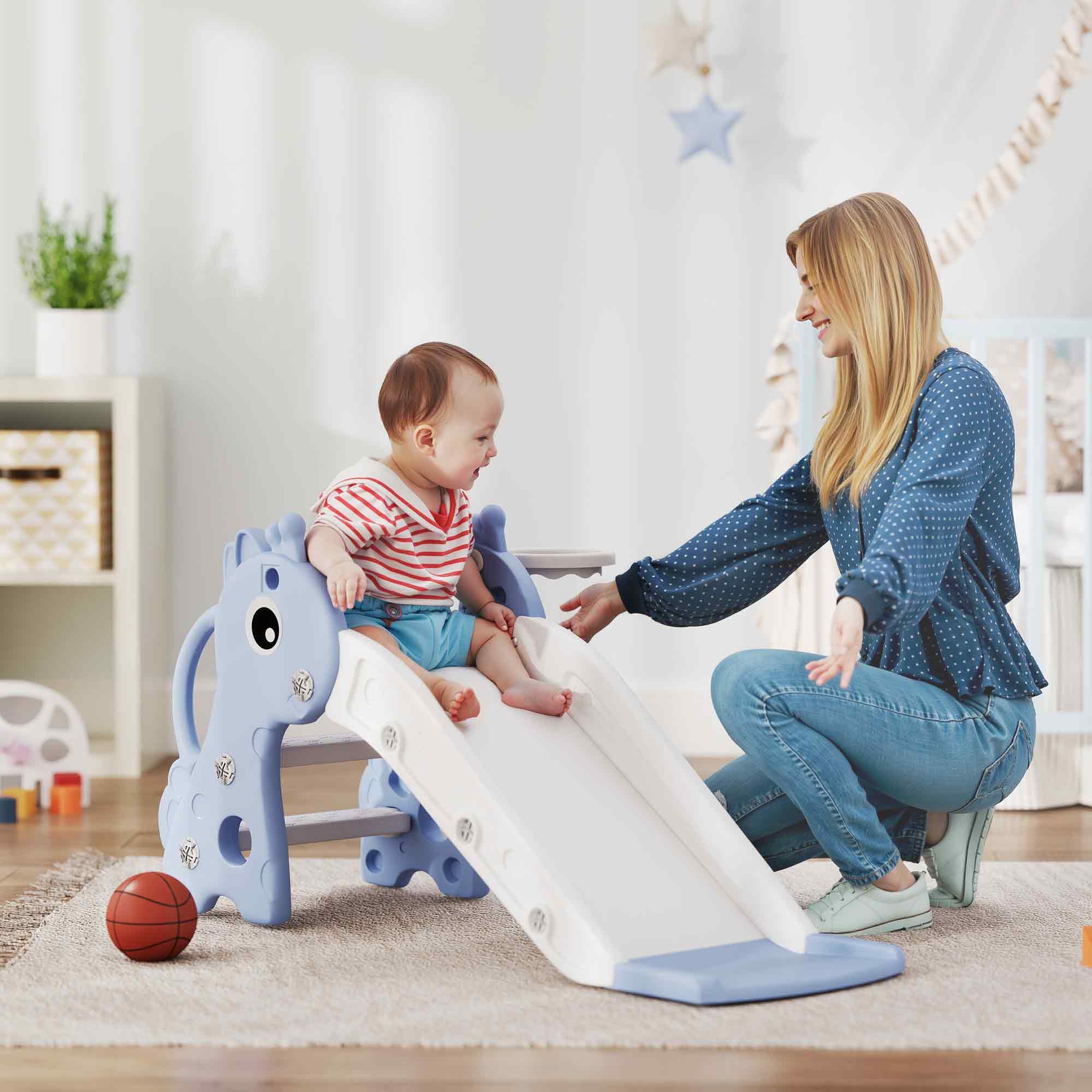 Qaba 3-in-1 Toddler Slide for Age 1-3, Freestanding Kids Slide with Climber, Basketball Hoop and Ball, Giraffe Design, Blue - Image 2