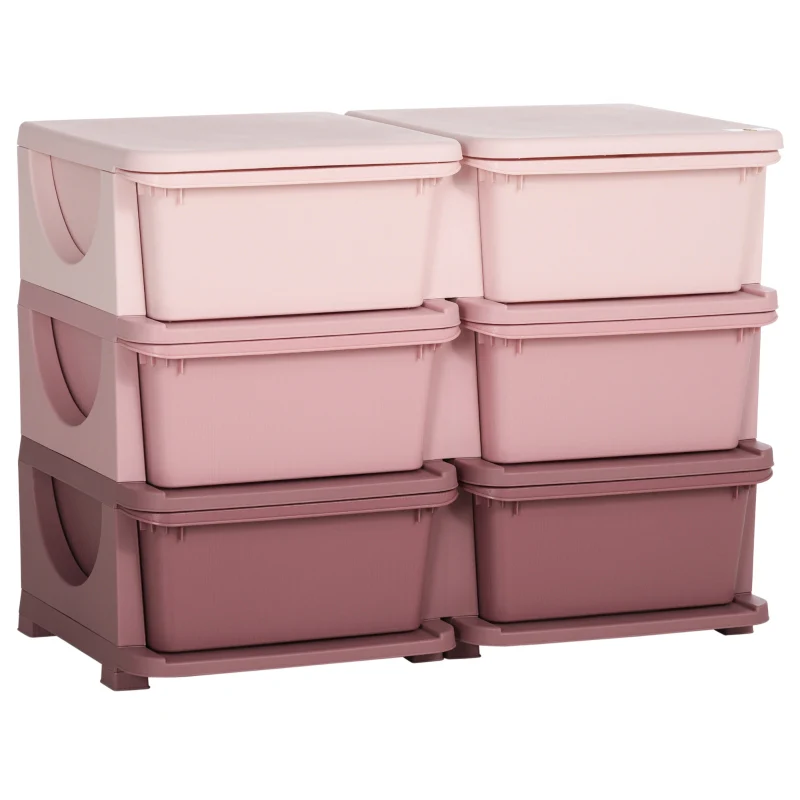 Qaba 3 Tier Kids Storage Unit, 6 Drawer -Pink