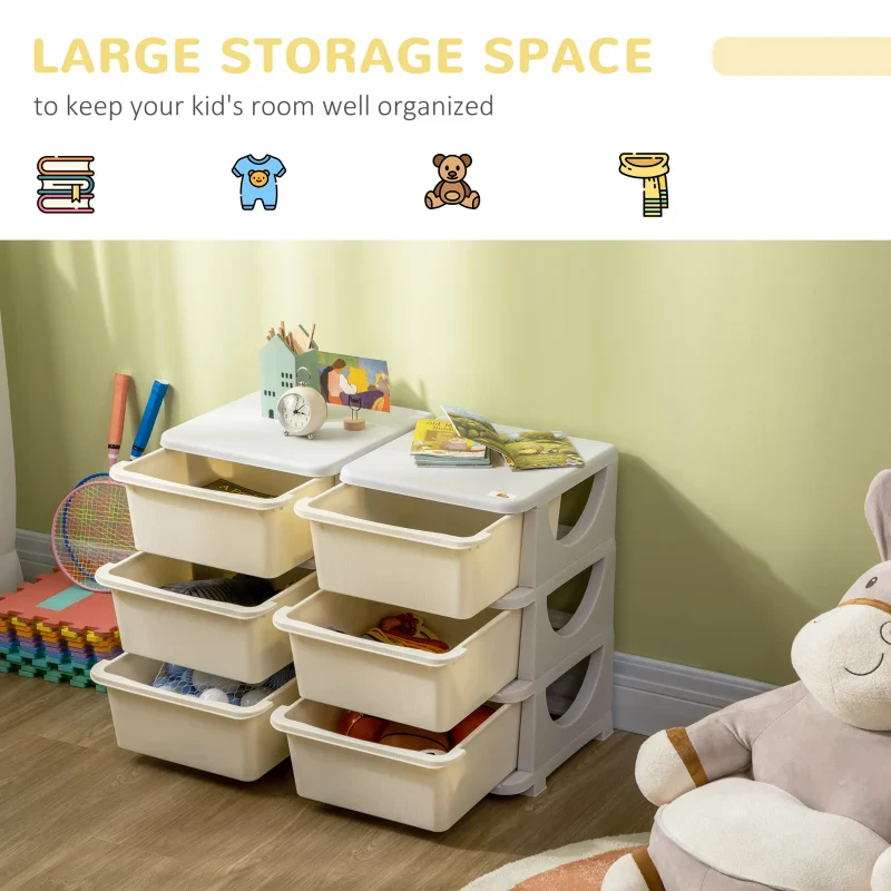 Qaba 3 Tier Kids Storage Unit, Toy Organizers and Storage with 6 Drawer Chest for Kids Bedroom Nursery Kindergarten Living Room for Boys Girls Toddlers, Cream White - Image 2