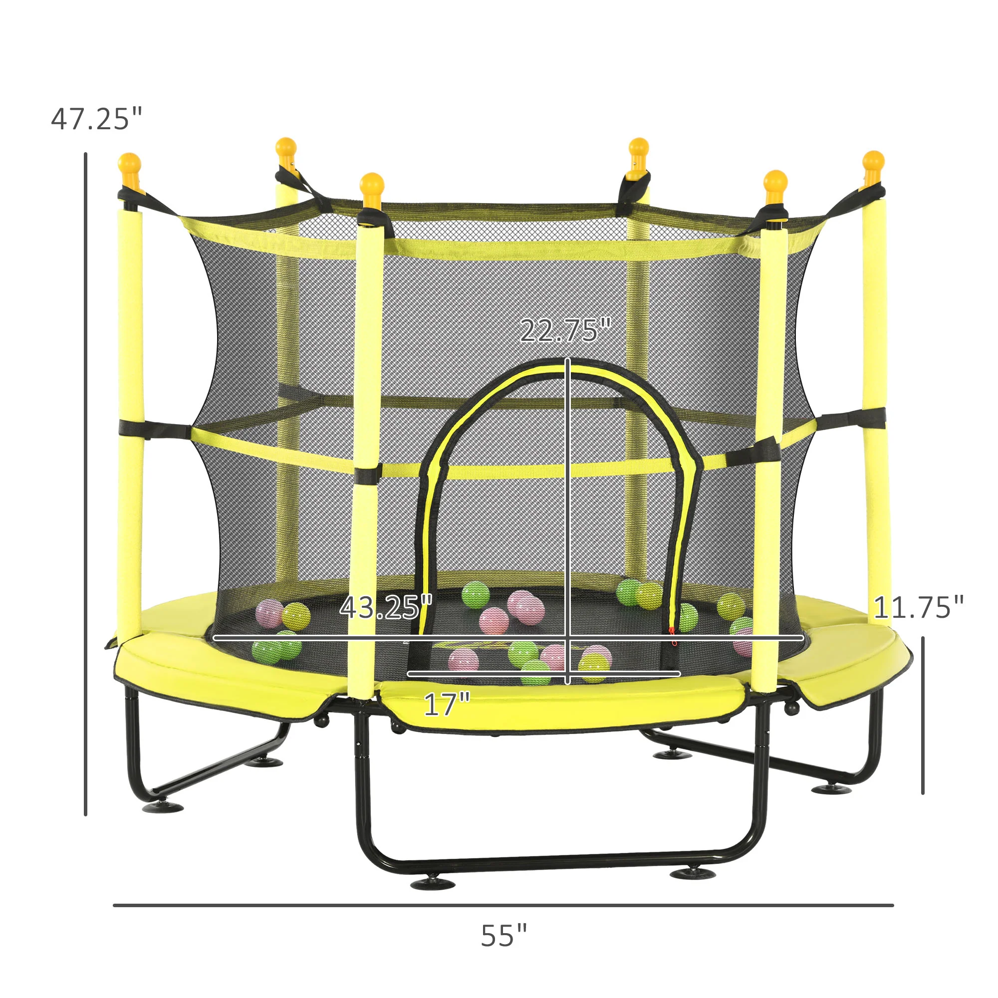 Qaba 4.6' Trampoline for Kids with Safety Enclosure & Ball Pit, Yellow - Image 2