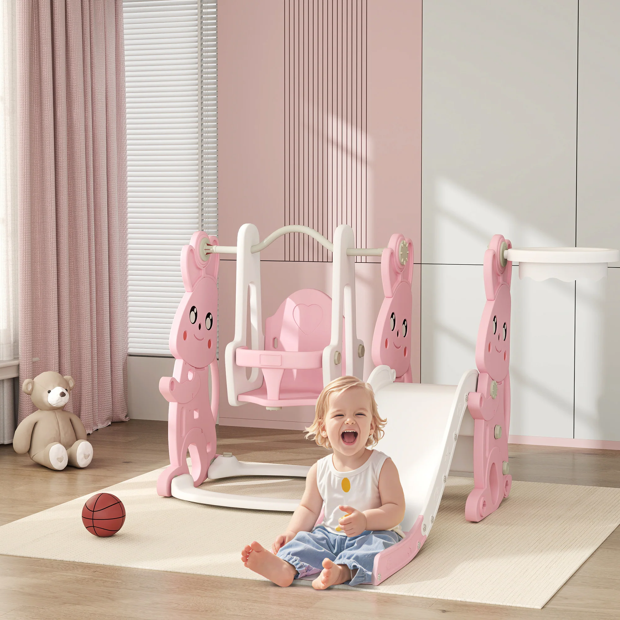 Qaba 4 in 1 Toddler Slide and Swing Set with Climber, Basketball Hoop, Rabbit Themed Kids Playset for Ages 1.5-4, Pink - Image 2