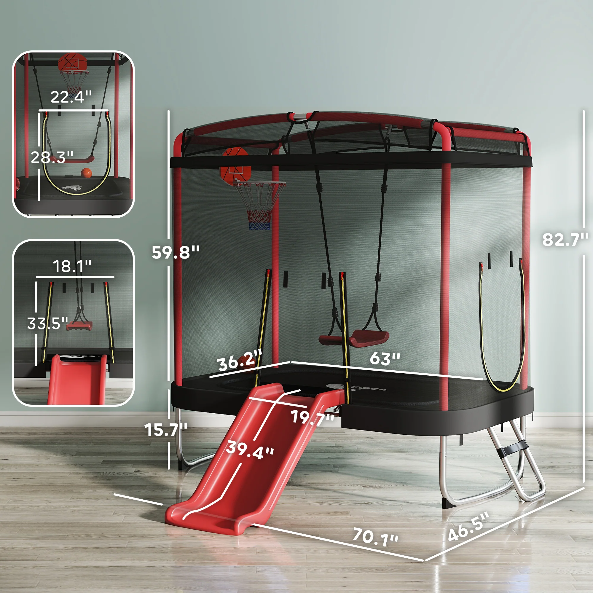 Qaba 4 x 6FT Trampoline for Kids Indoor & Outdoor with Slide, Swing, Basketball Hoop and Safety Enclosure, Red - Image 2