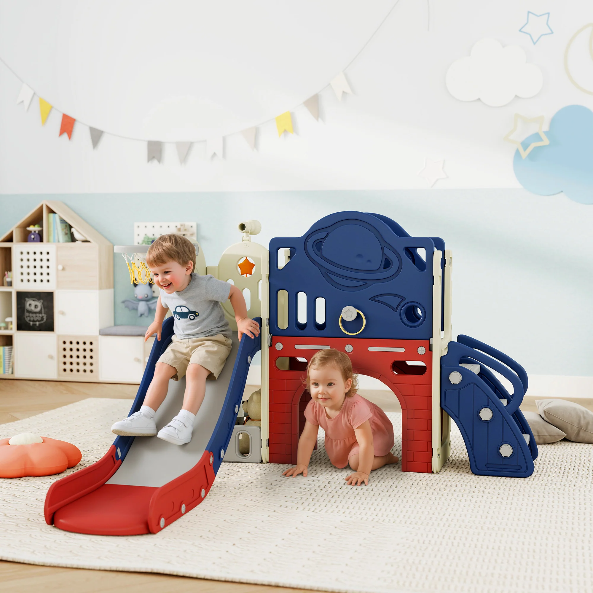 Qaba 8-in-1 Toddler Slide Set with Basketball Hoop, Indoor Outdoor Playground Playset for Kids, Blue - Image 2