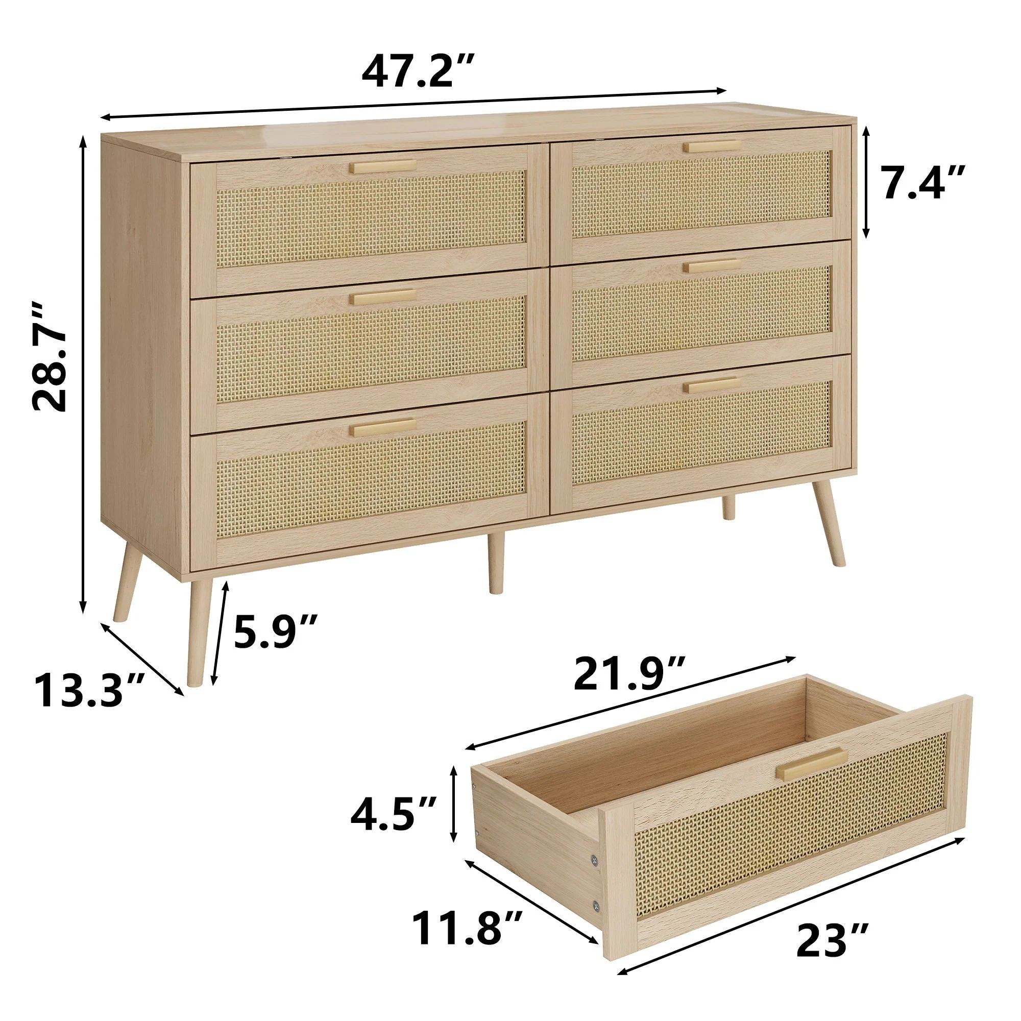 Rattan 6 Drawers Chest of Dressers for Bedroom, Modern 6 Drawer Dresser, Wide Chest of Drawers With Wood Handles, Rattan Dresser Storage Cabinet for Living Room, Bedroom, Hallway - Natural Wood / Oak - Image 2