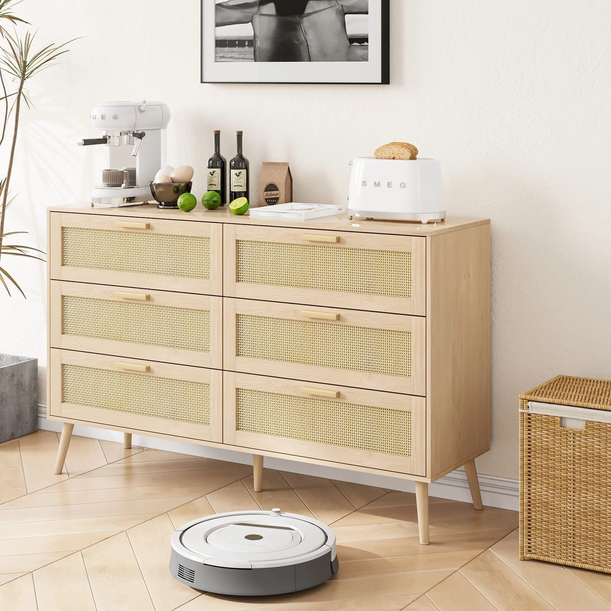 Rattan 6 Drawers Chest of Dressers for Bedroom, Modern 6 Drawer Dresser, Wide Chest of Drawers With Wood Handles, Rattan Dresser Storage Cabinet for Living Room, Bedroom, Hallway - Natural Wood / Oak - Image 3