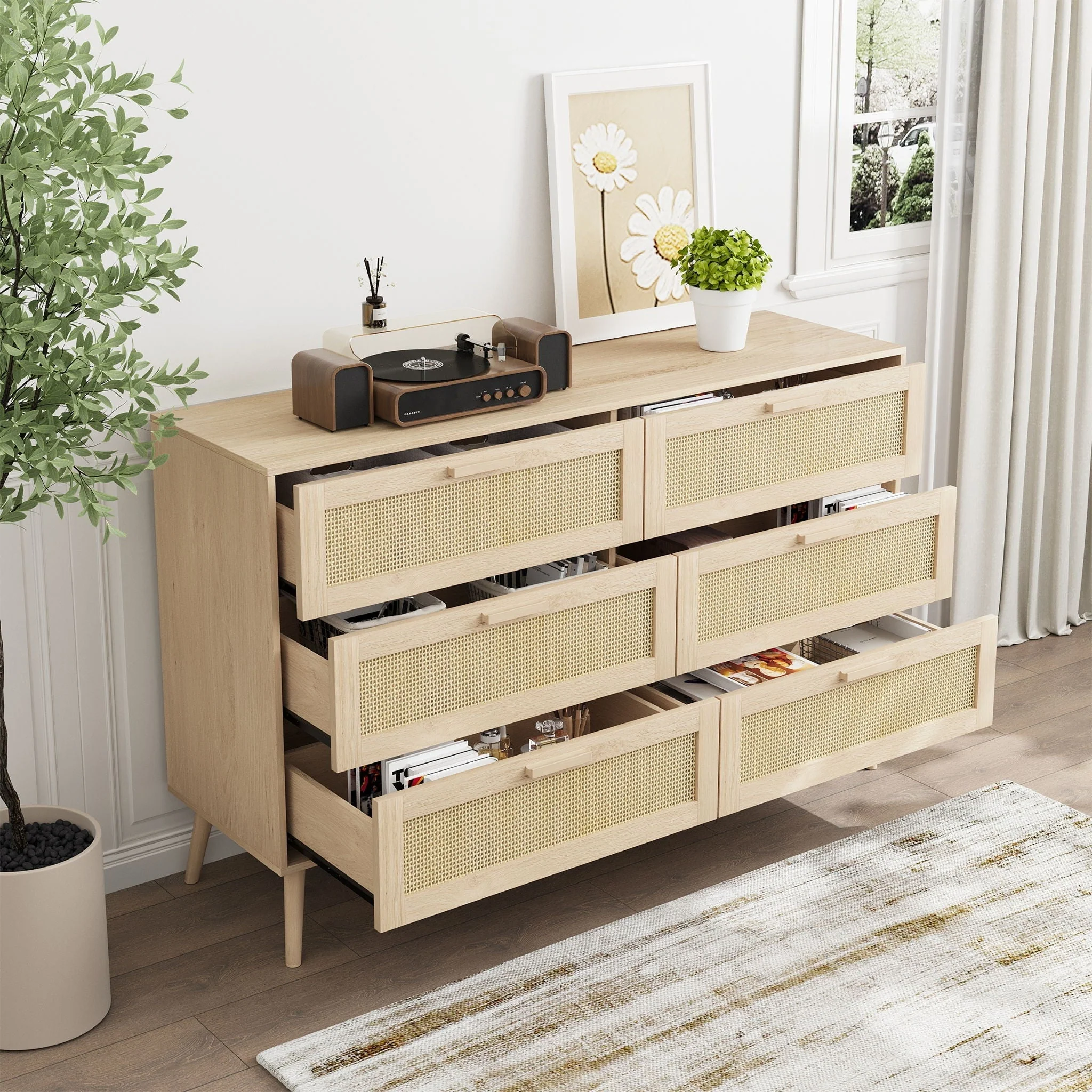 Rattan 6 Drawers Chest of Dressers for Bedroom, Modern 6 Drawer Dresser, Wide Chest of Drawers With Wood Handles, Rattan Dresser Storage Cabinet for Living Room, Bedroom, Hallway - Natural Wood / Oak - Image 4