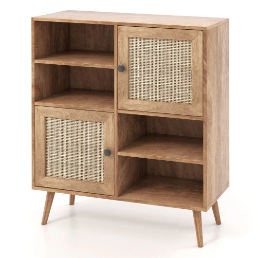 Rattan Buffet Cabinet With 2 Doors and 2 Cubbies-Natural - Image 4