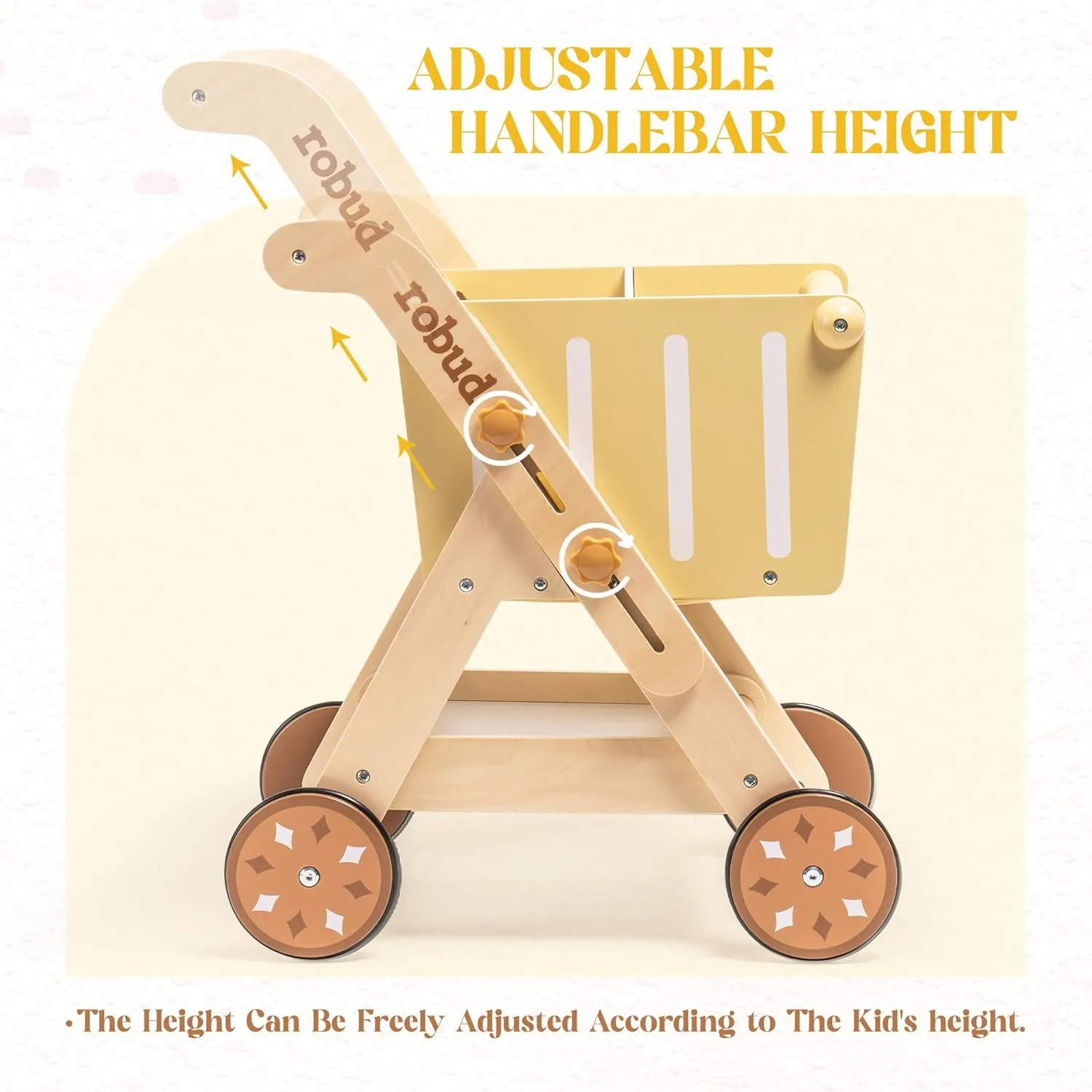 RBaby Push Walker Doll Stroller, Wooden Shopping Cart - Image 3