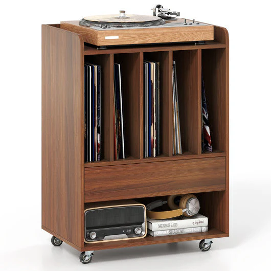 Record Player Stand Turntable Stand With Drawer and Record Holder-Walnut - Image 3