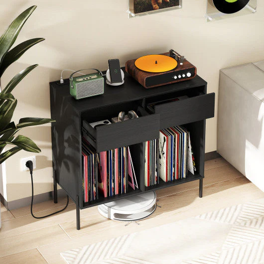 Record Player Stand With Power Outlets Double Wide Turntable Stand Vinyl Record Storage Table-Black - Image 2
