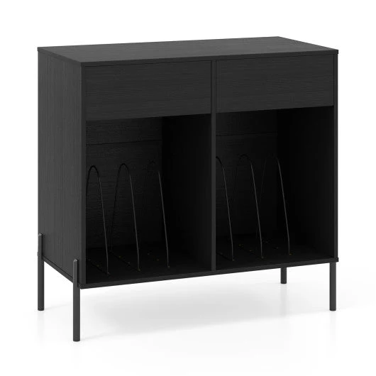 Record Player Stand With Power Outlets Double Wide Turntable Stand Vinyl Record Storage Table-Black - Image 4