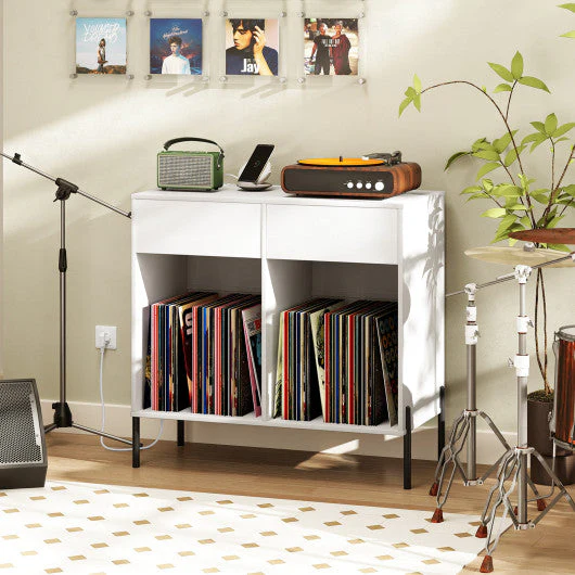 Record Player Stand With Power Outlets Double Wide Turntable Stand Vinyl Record Storage Table-White