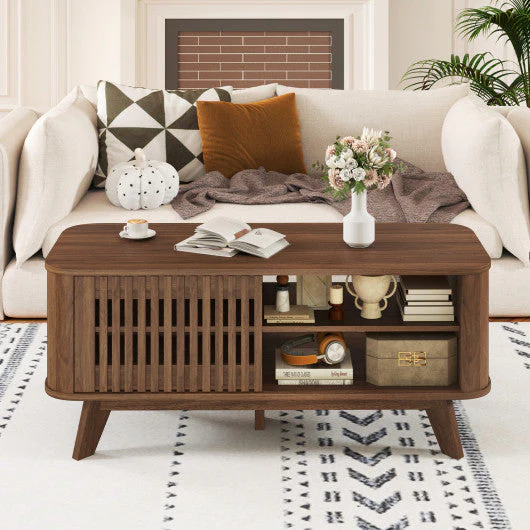 Rectangular Coffee Table With Storage and Adjustable Shelves-Walnut - Image 6