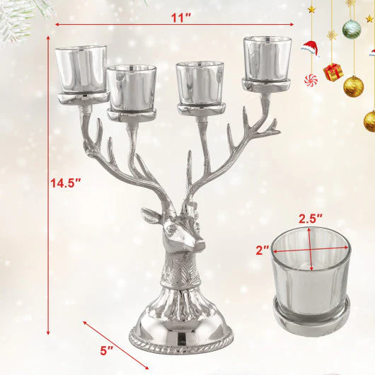 Reindeer Candle Holder Christmas Ornament for 4 Candles Aluminum Decoration-Silver - Image 5