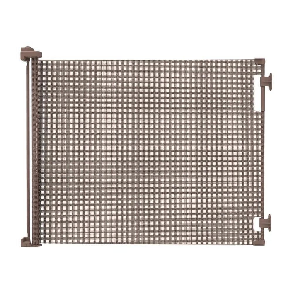 Retractable Baby Gate Perma Child Safety 33" Tall x 71” Wide, Mesh, for Stairs, Doorways, Dogs, Pets, Indoor, Outdoor, One-Handed Operation, Locking, Easy Install, Hardware Mount, Brown Brown 33" Tall x 71" Wide