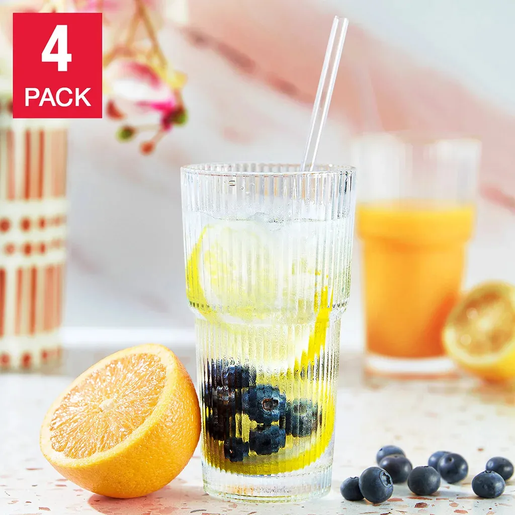 Ribbed 20 oz. Glass Cups with Lids and Straw, 4-pack - Image 3