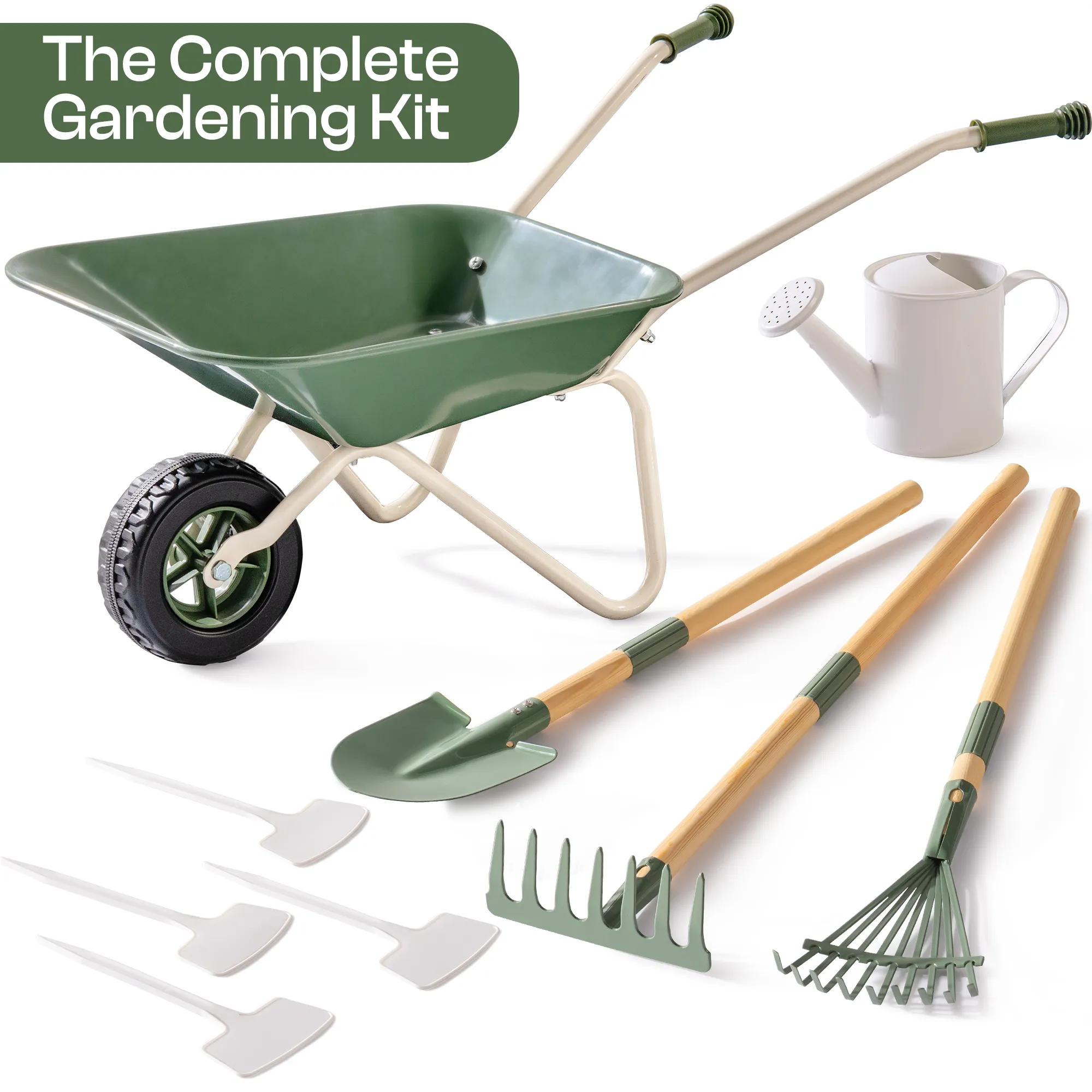 Kids Wheelbarrow with Gardening Set - Dark Green - Image 6