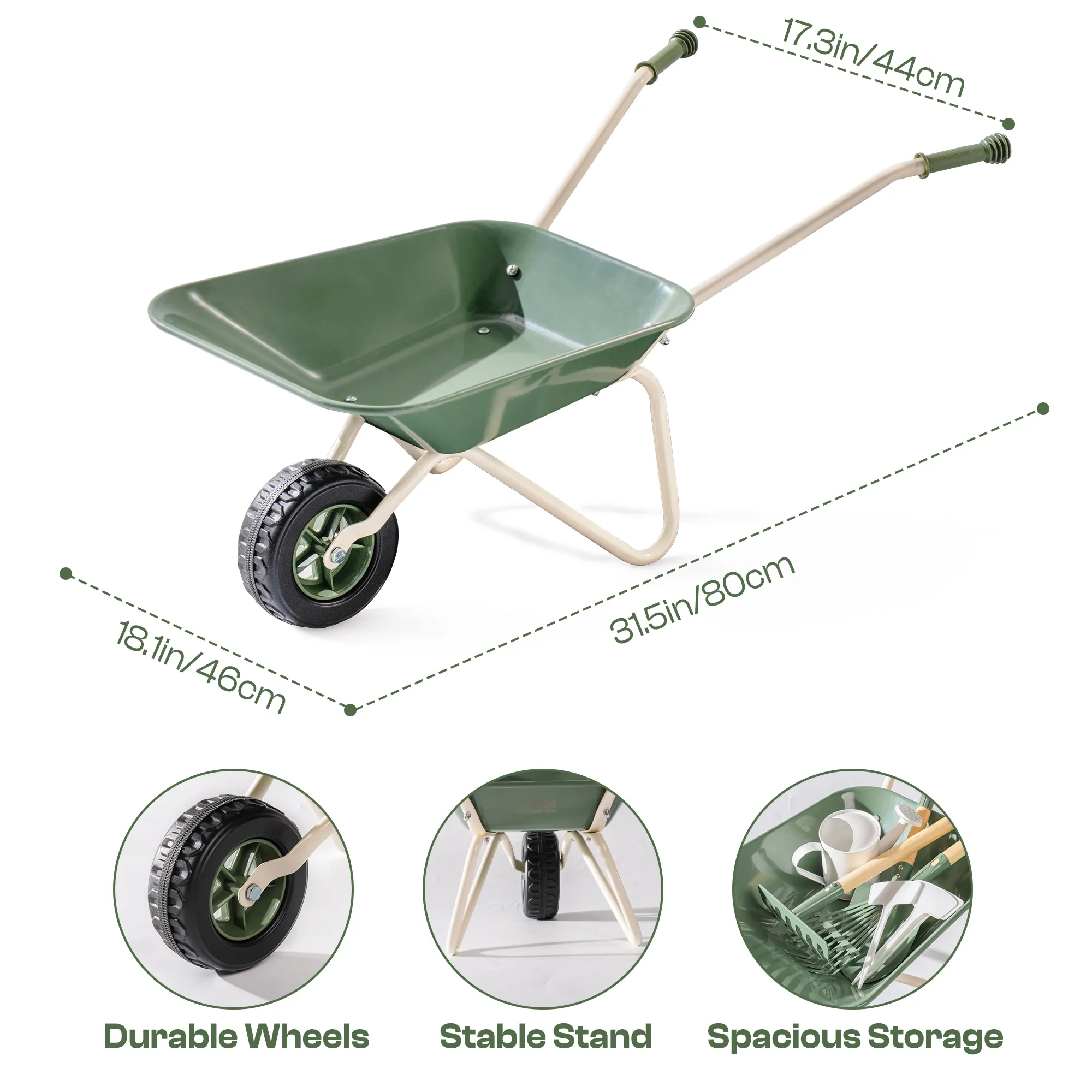 Kids Wheelbarrow with Gardening Set - Dark Green - Image 8