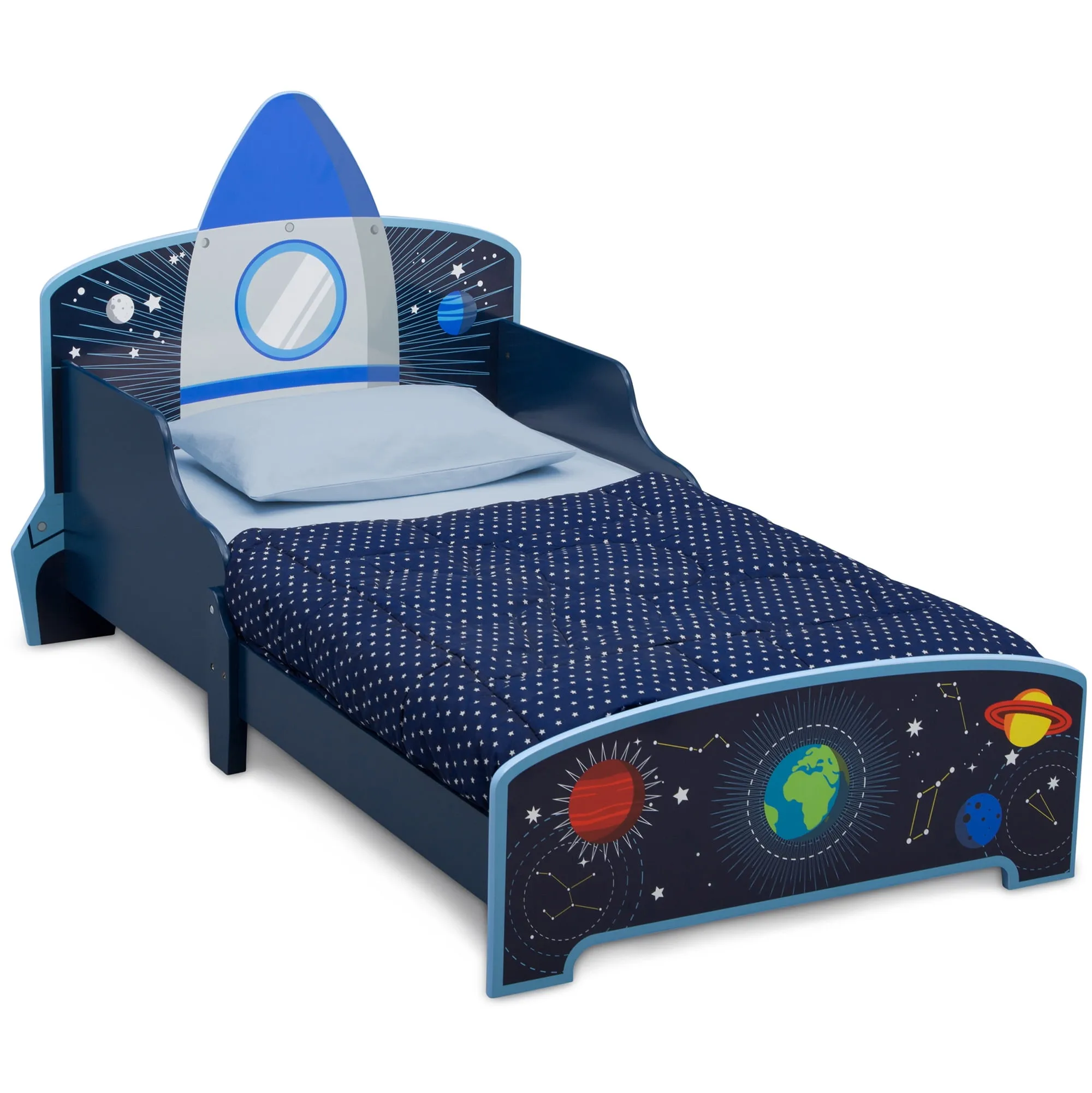 Rocket Ship Wood Toddler Bed - Blue - Image 4