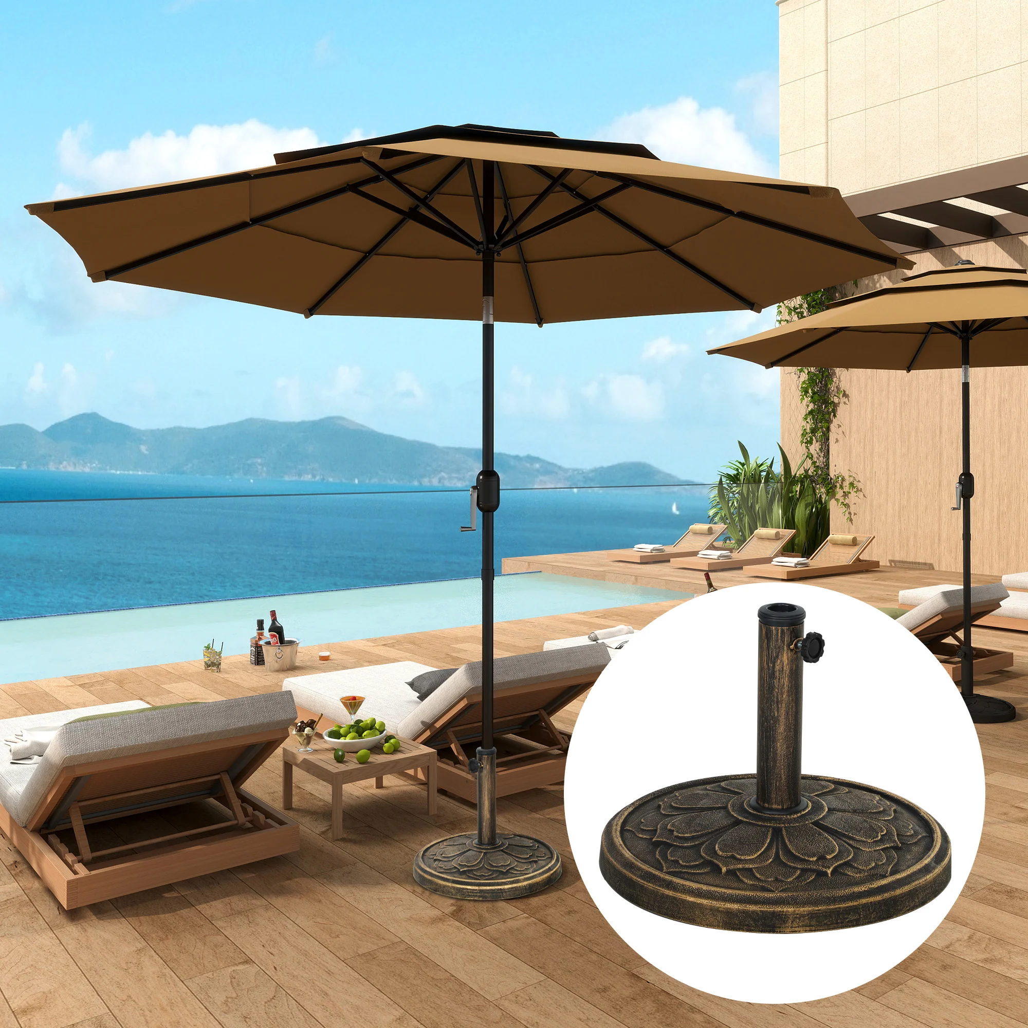 Round Patio Umbrella Base, 26 lbs Resin Outdoor Umbrella Stand Base, Patio Umbrella Stand for 1.3"/1.5"/1.9" Umbrella Poles for Outdoor, Lawn, Poolside, Bronze - Image 2