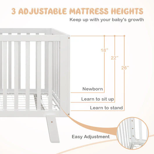 Rubber Wood Baby Crib With Adjustable Mattress Heights and Guardrails-White - Image 14