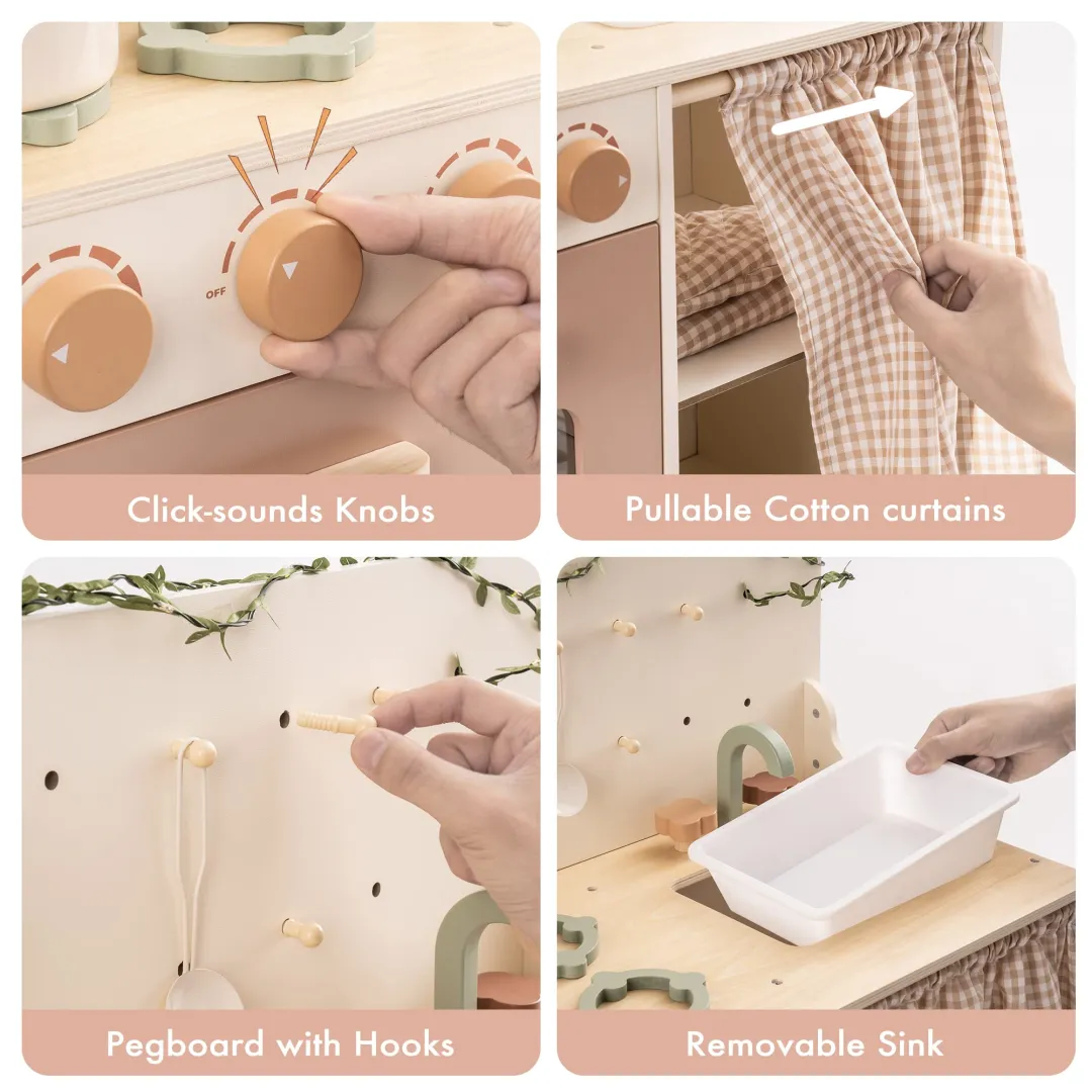 Rustic Wooden Kids Play Kitchen Set with Leaf Light String - Image 10