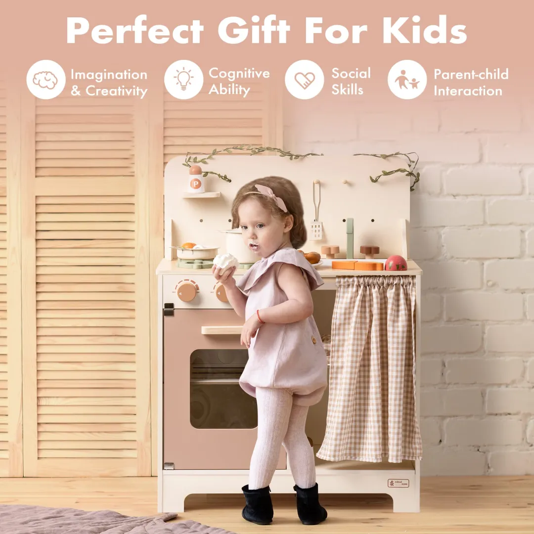 Rustic Wooden Kids Play Kitchen Set with Leaf Light String - Image 11